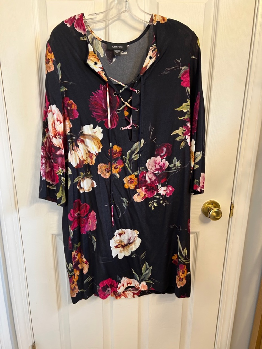 Karen Kane Black Floral Lace-Up Dress with Pink and Cream Blooms